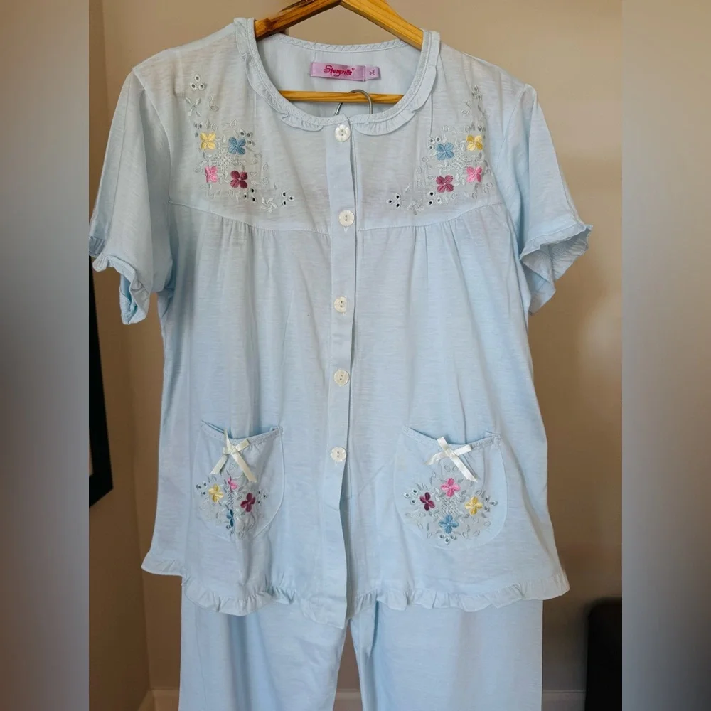 New Shangrila Cotton Pajama Set – Light Blue Embroidered | Size XL 💙 - Picture 6 of 11